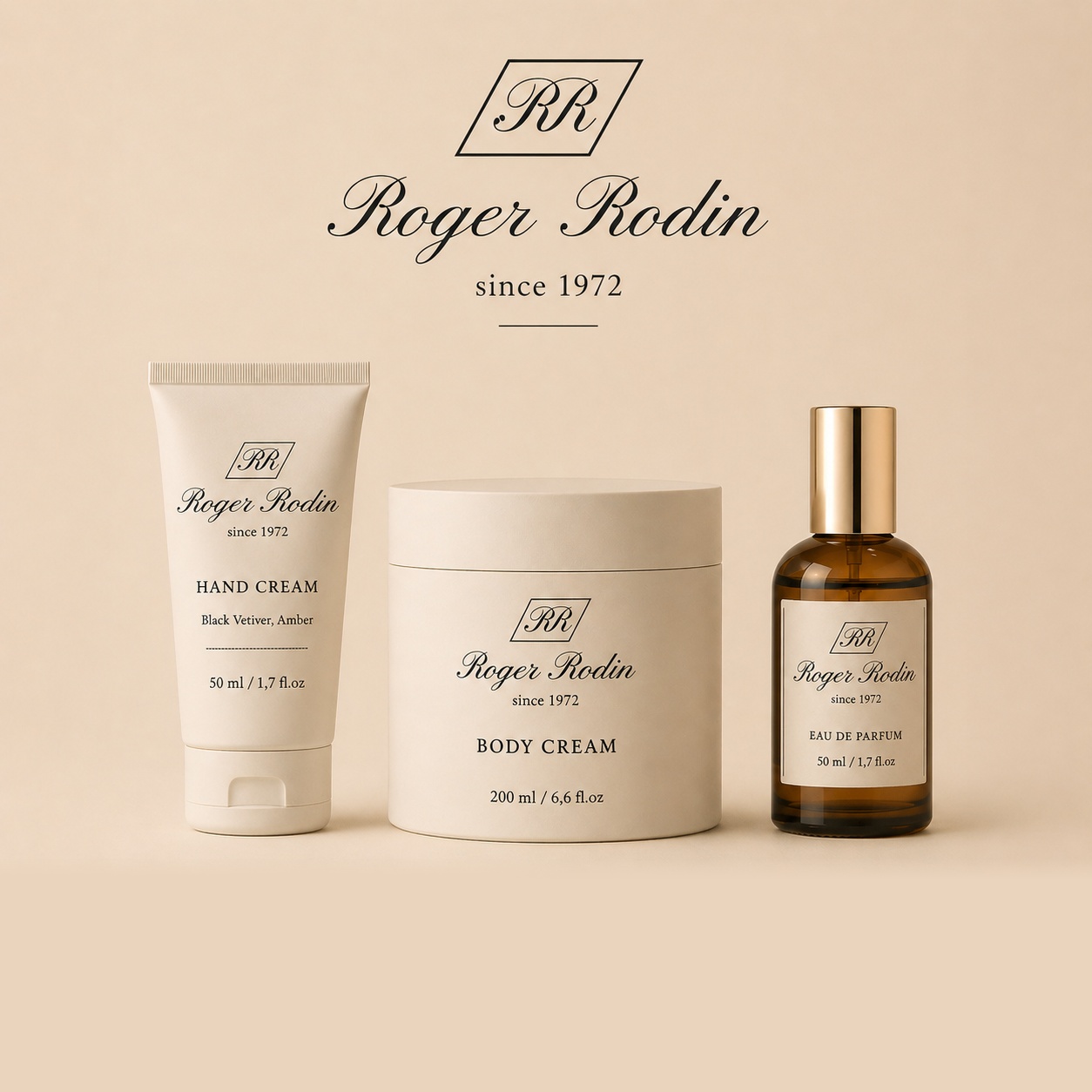 Roger Rodin gift set: hand cream, body cream, eau de parfum.
