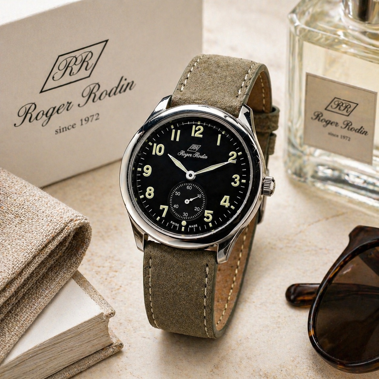 The Roger Rodin maison universe, heritage timepiece, signature fragrance, and finely curated companions.